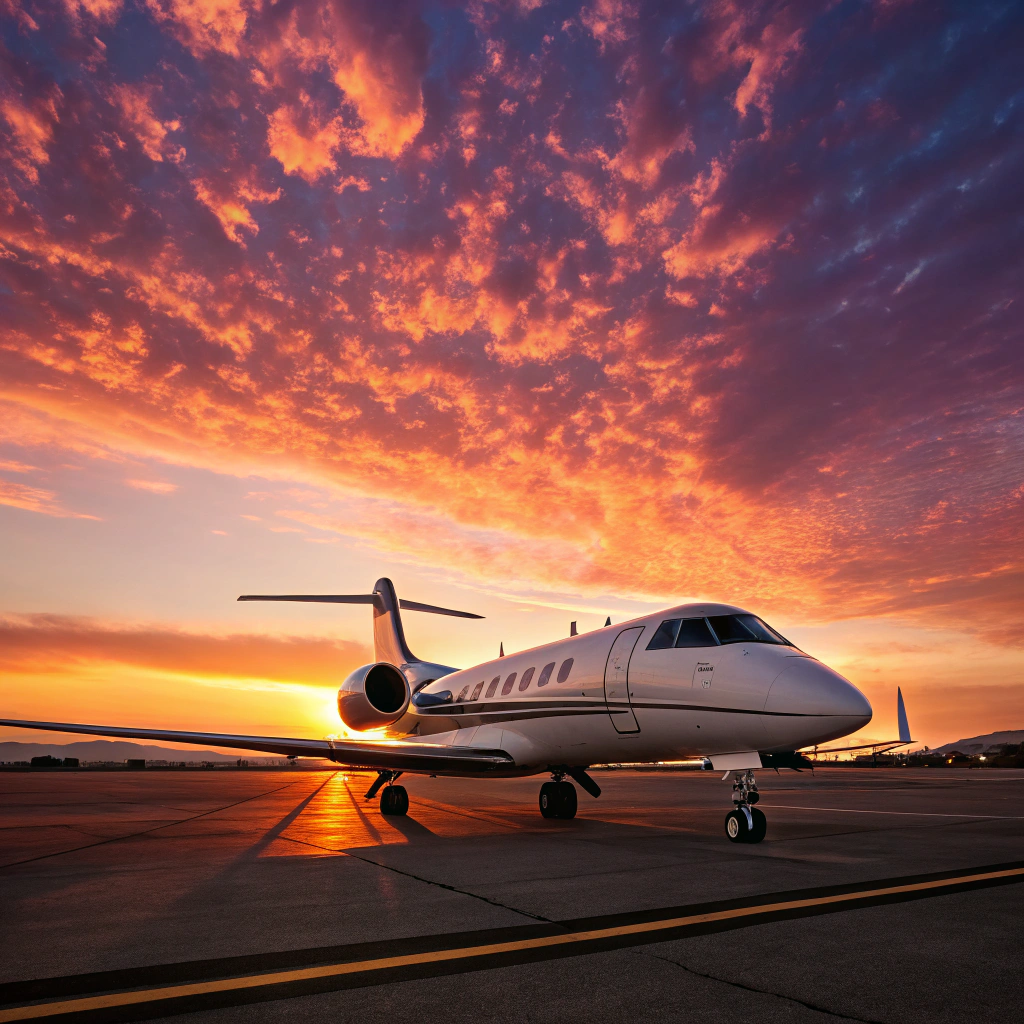Sleek aircraft silhouette against a deep orange sunset