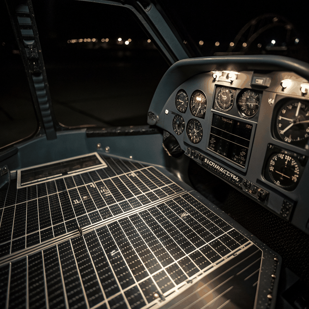 Precision flight deck at night with illuminated controls