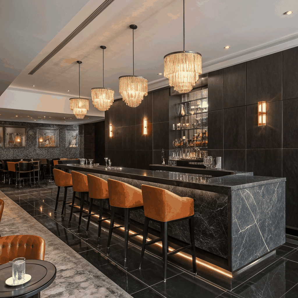 Starboard private lounge in London with charcoal and orange accents